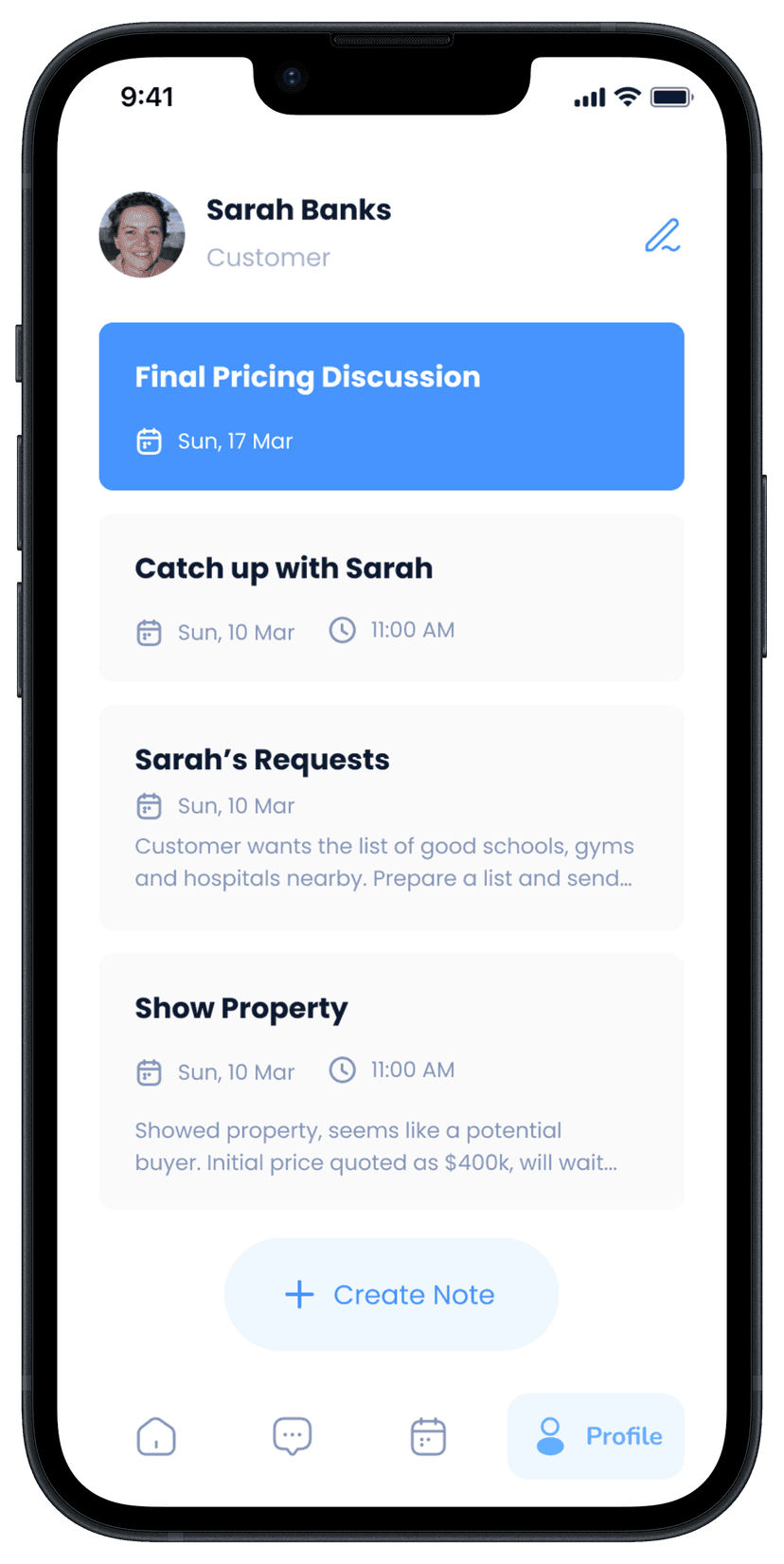 Noteeazy app showing all notes and reminders for a contact